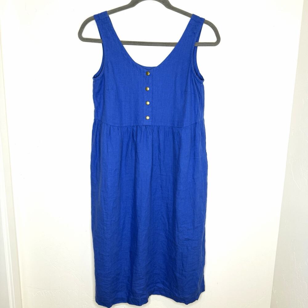 Not Perfect Linen Valley Front Brass Snaps Midi Dress Womens Medium Large Blue